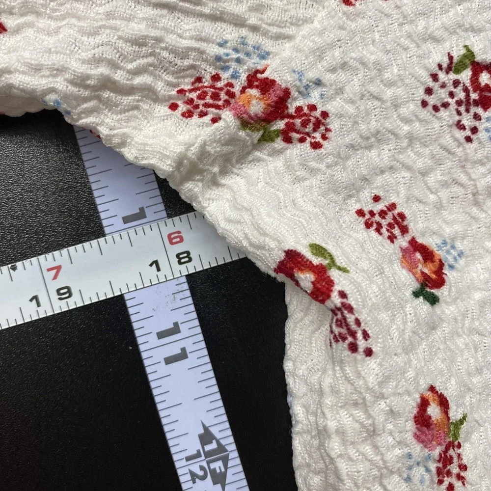 LOFT Shirt Womens Medium White Floral Smocked Square Neck Puff Sleeve Top Cottag